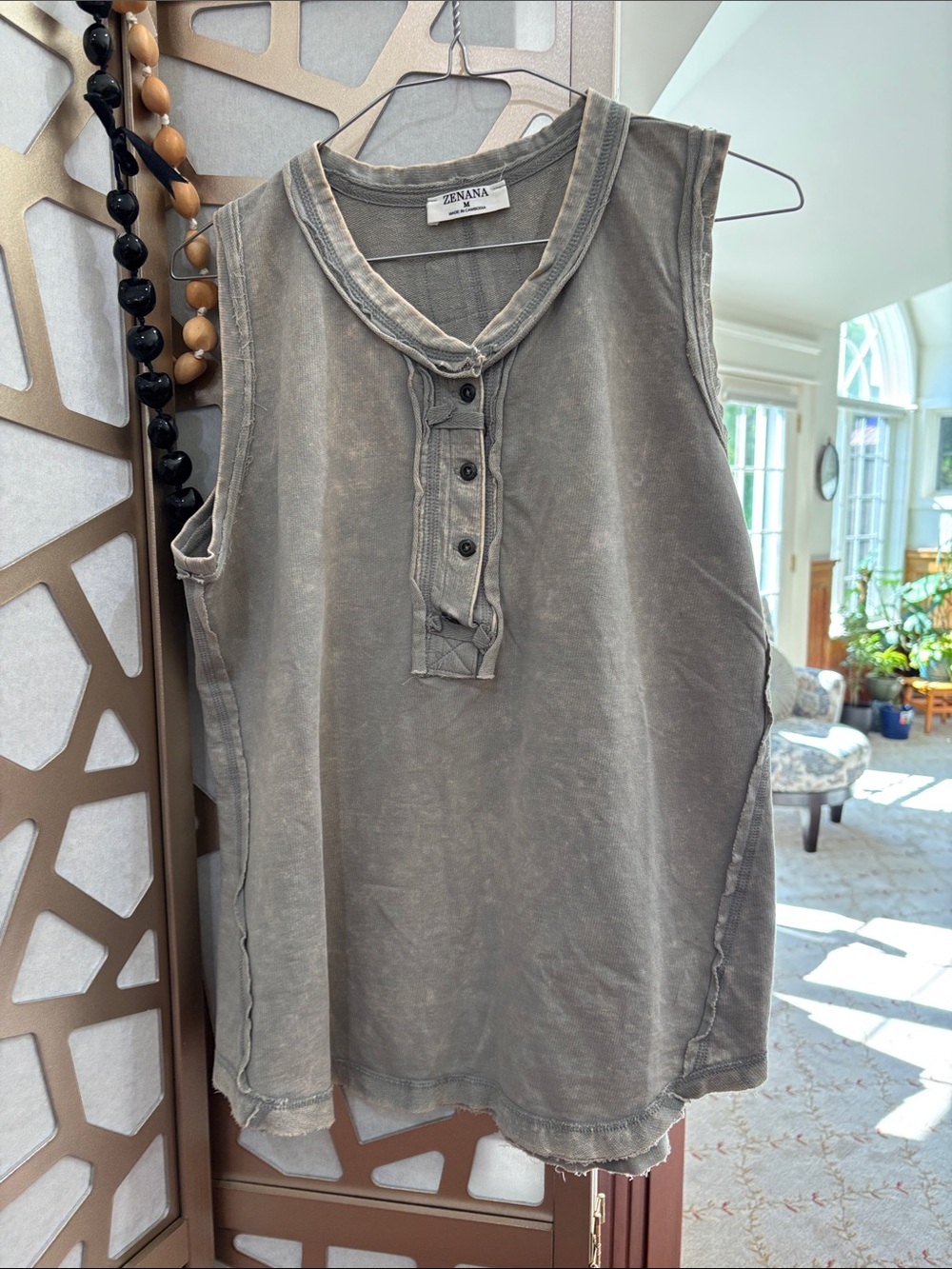 Zenana Outfitters Sleeveless Henley Tank in Faded Olive Gray